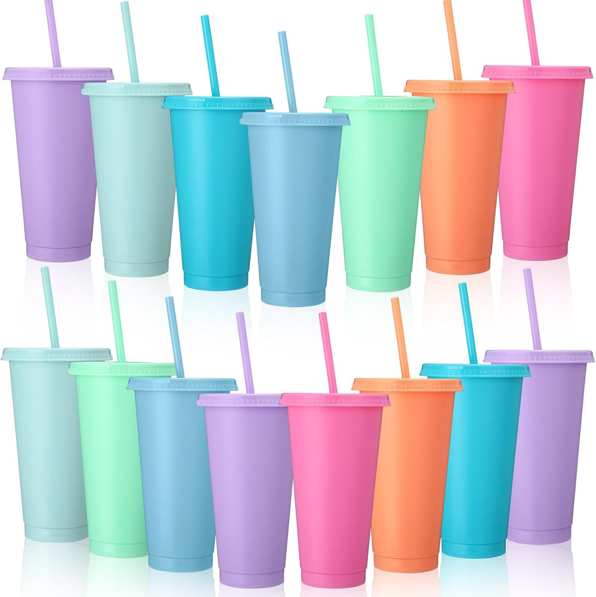 Honeydak 15 Pack Plastic Cups with Lids Straws,Stylish Color