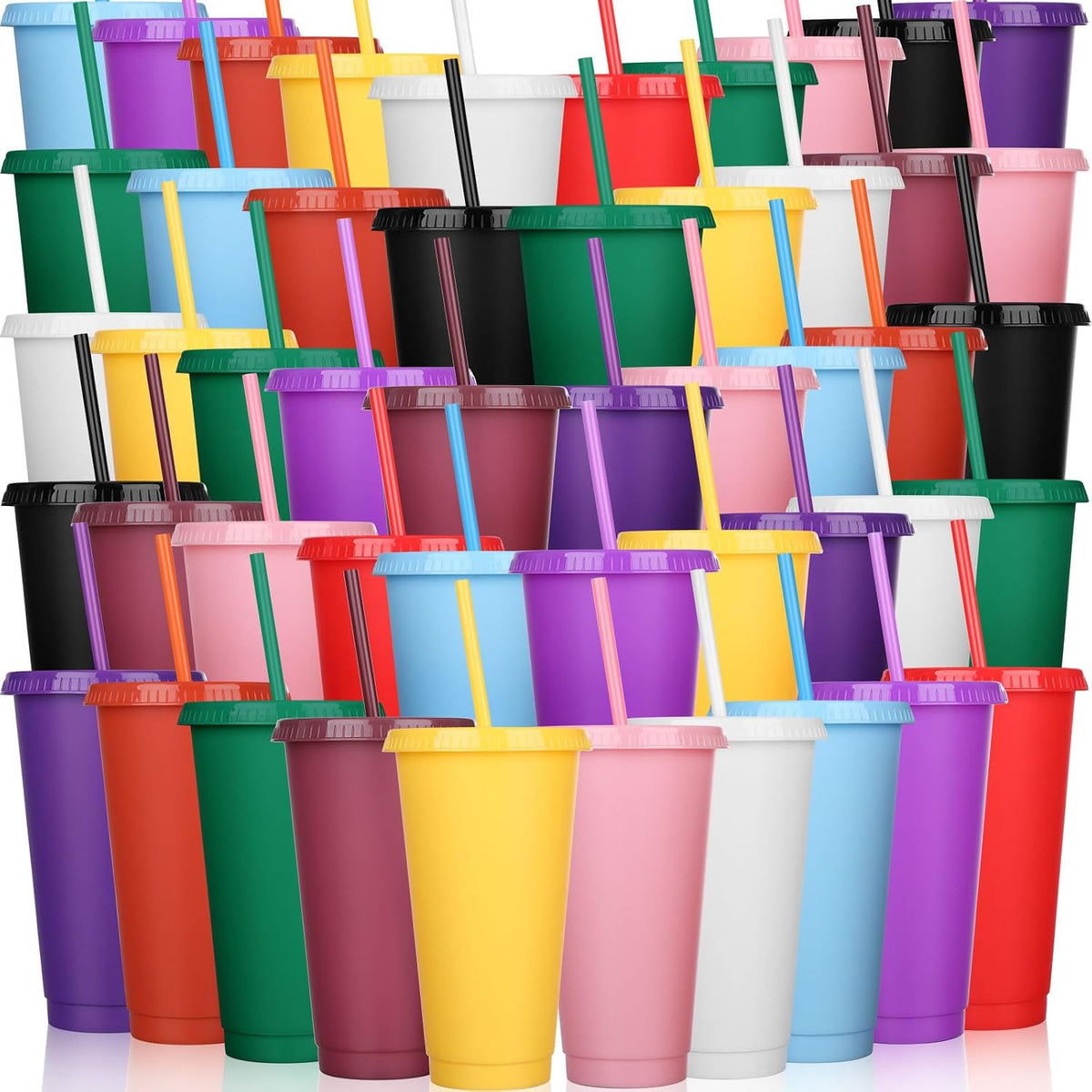 Honeydak 15 Pack Plastic Cups with Lids Straws,Stylish Color