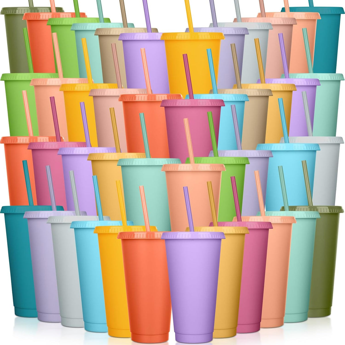Honeydak 15 Pack Plastic Cups with Lids Straws,Stylish Color