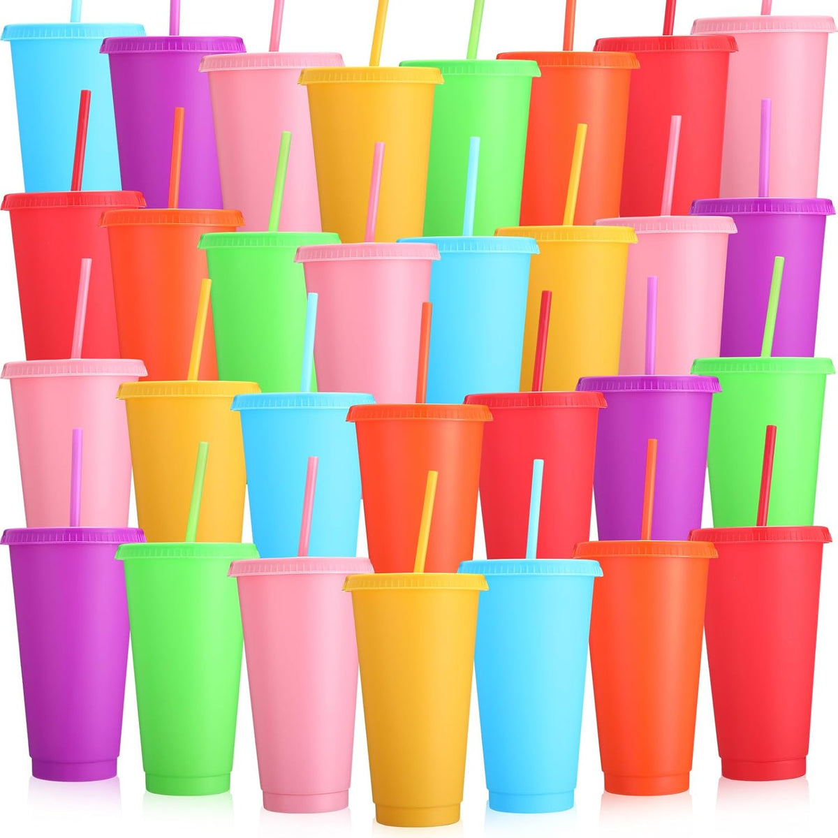 Honeydak 15 Pack Plastic Cups with Lids Straws,Stylish Color