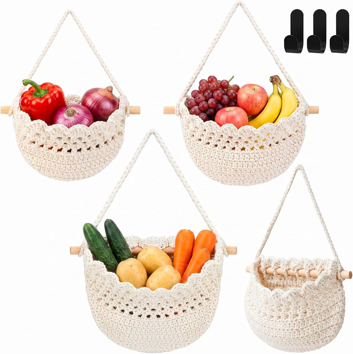 Honeydak 3 Hanging Baskets, Light Brown, Scalloped Edge