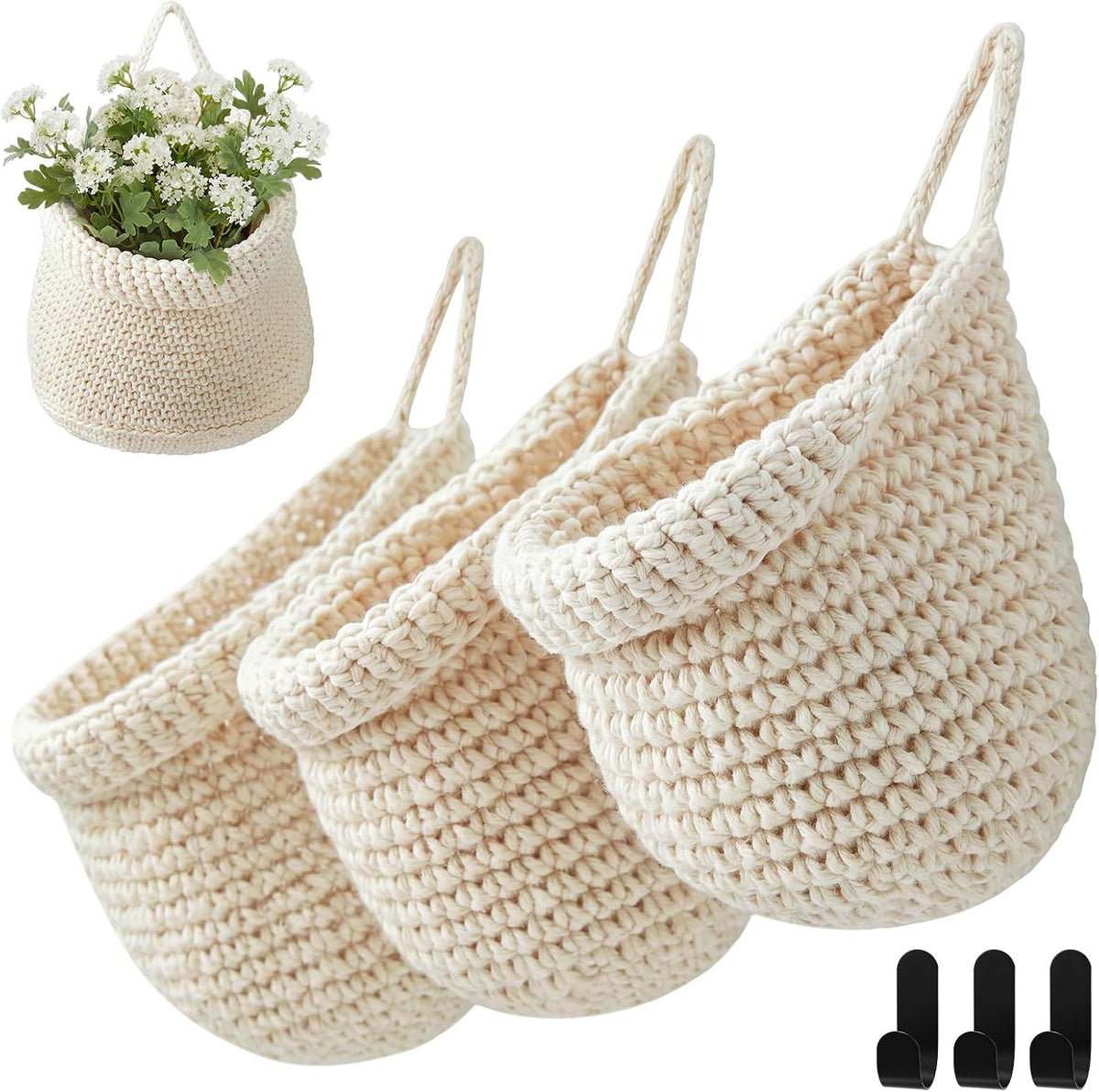 Honeydak 3 Hanging Baskets, Cream, Tote Style Basket