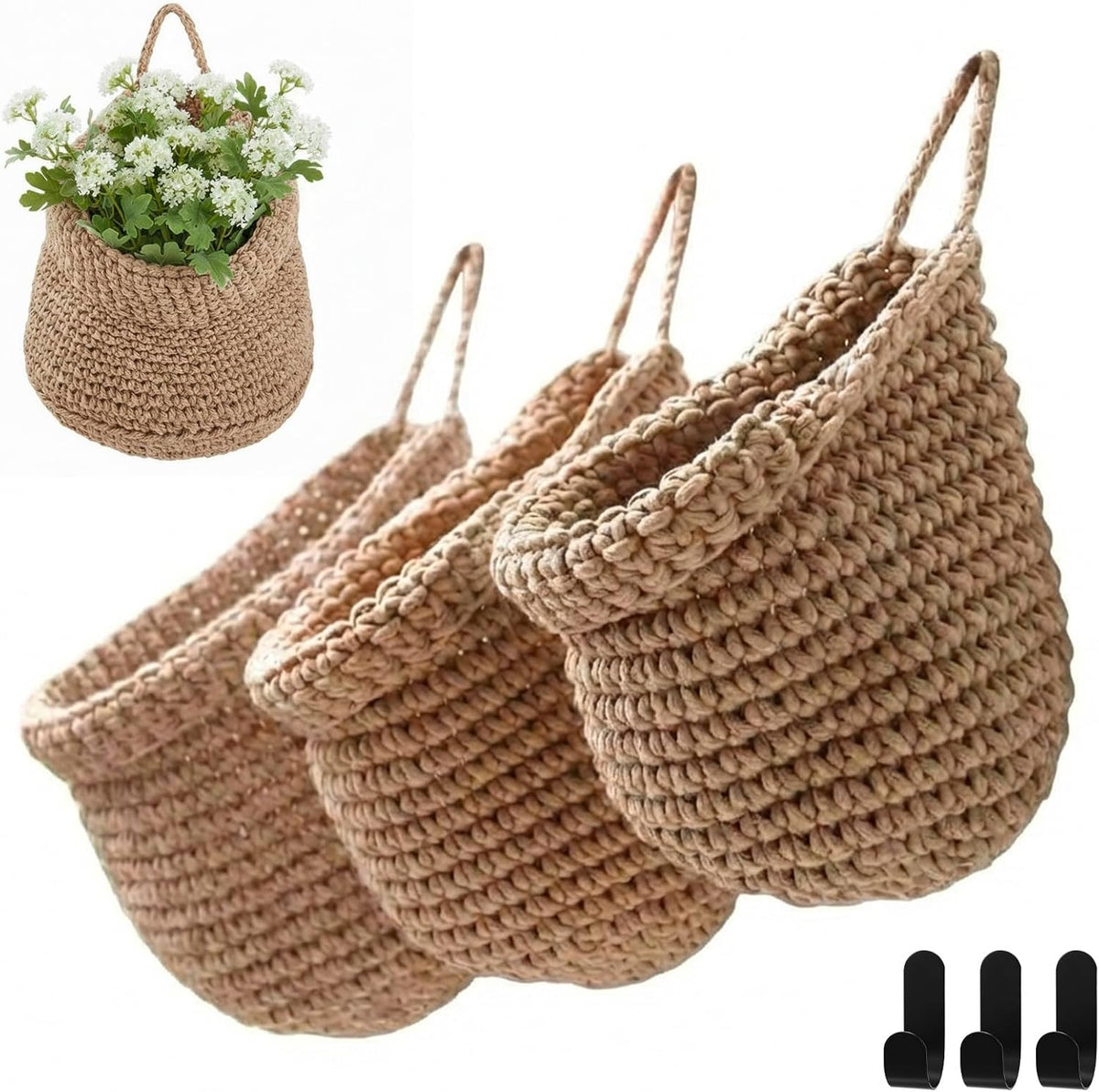 Honeydak 3 Hanging Baskets, Grey Mix, Wide Bucket Basket