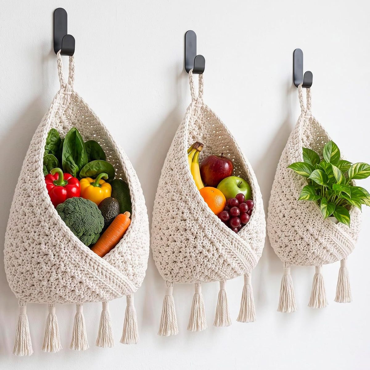 Honeydak 3 Hanging Baskets, Cream, Tote Style Basket