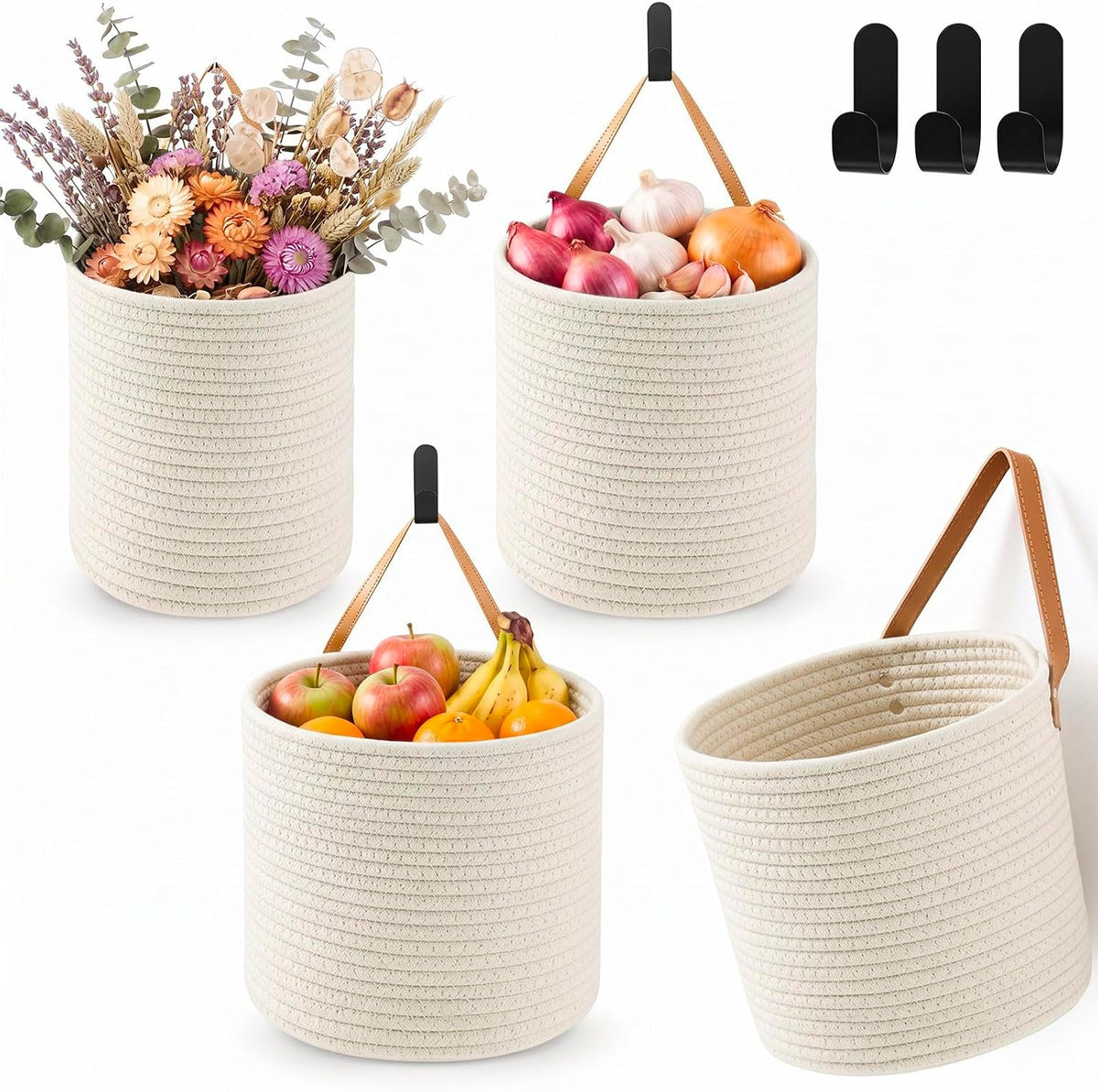 Honeydak 3 Hanging Baskets, Light Blue, Wide Bucket Basket