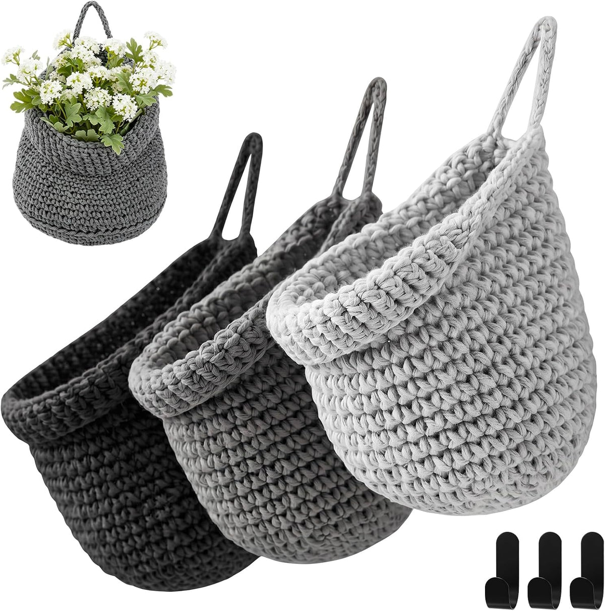 Honeydak 3 Hanging Baskets, Grey Mix, Wide Bucket Basket