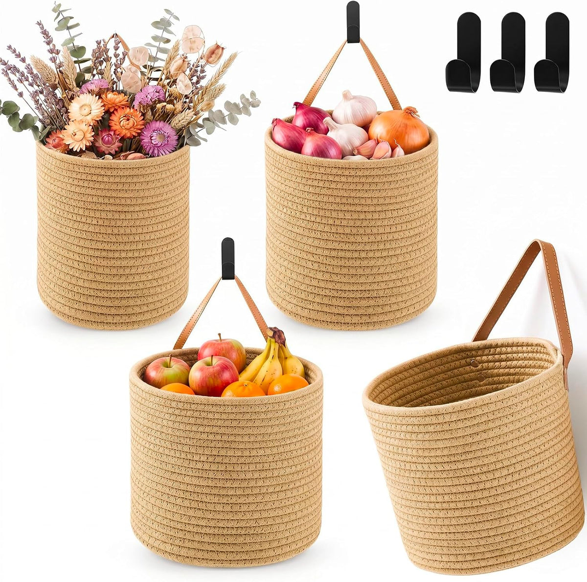 Honeydak 3 Hanging Baskets, Cream, Tote Style Basket